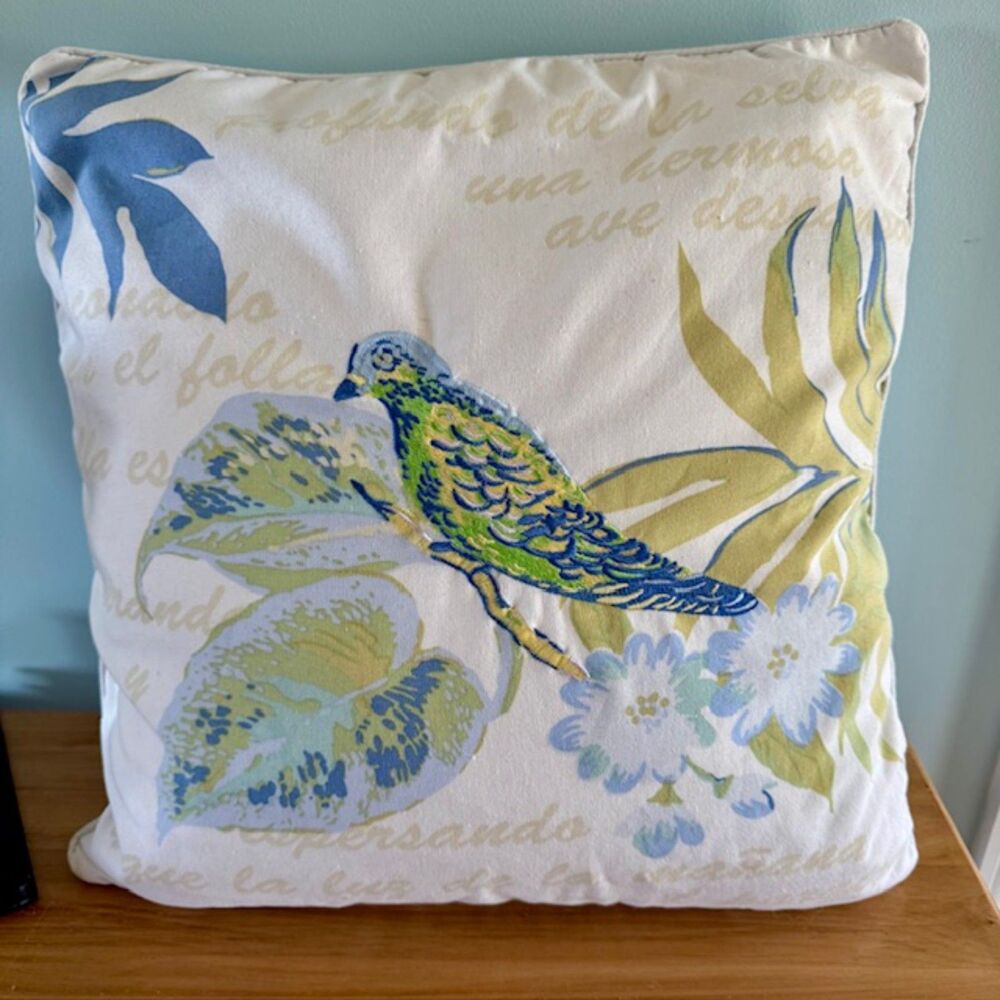 EMBROIDERED BIRD Sanibel Home 20X20 Square Decor Pillow 100% Cotton Cover READ